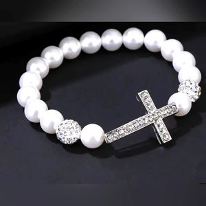 White Pearl Like Beaded Bracelet with Rhinestones